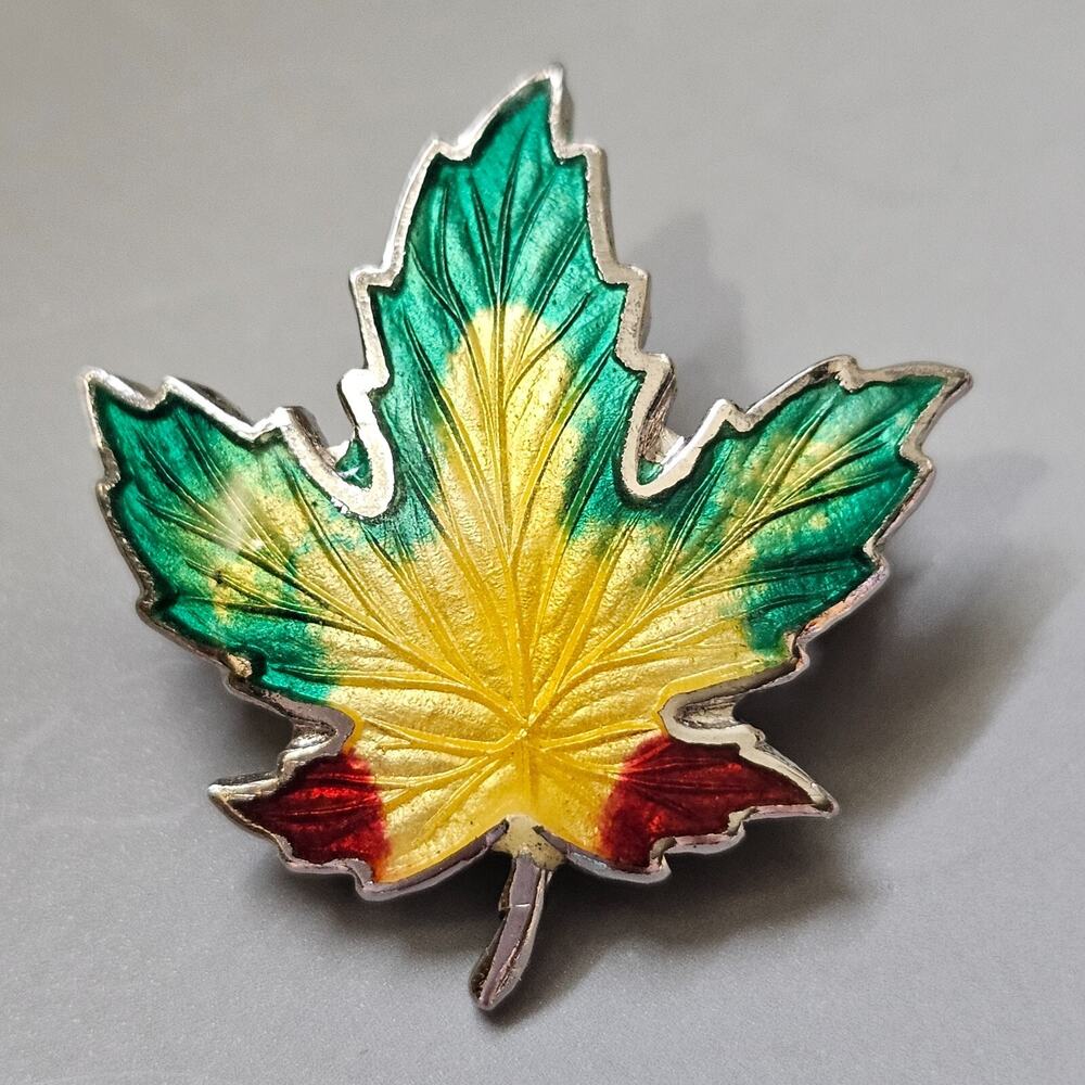 BM Co Fall Maple Leaf Enamel Brooch Pin Guilloche Sterling Silver Vintage